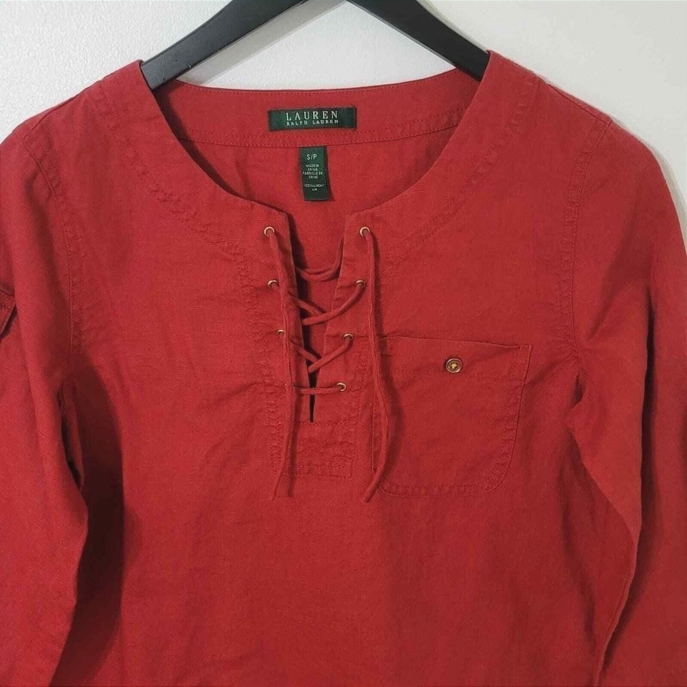 Ralph Lauren LRL Red Linen Tunic Top Lace Up Coastal Beach Resort Preppy S